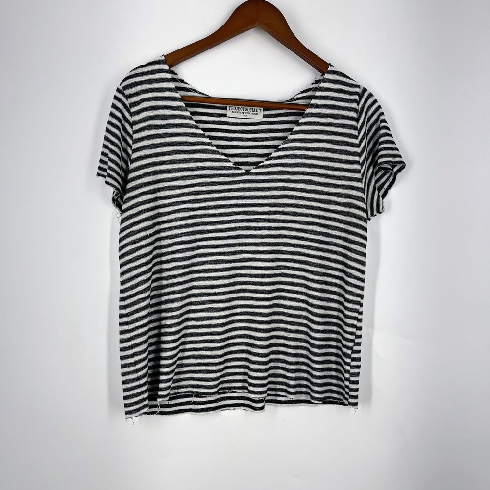 Project Social T Womens Black White Striped V-Neck Raw Edge Short Sleeve Tee XS